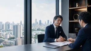 譲渡企業手数料と成功報酬0円について説明を受ける企業オーナー