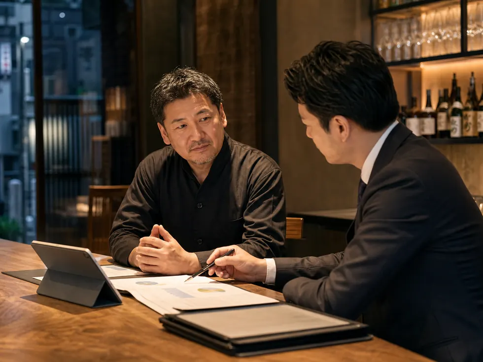 赤坂周辺の店舗オーナーが事業承継について相談している様子